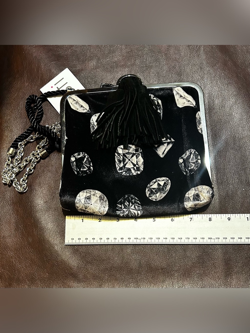 Isti Black Diamond Print Kiss Lock Shoulder Bag Clutch with ID Holder NWT